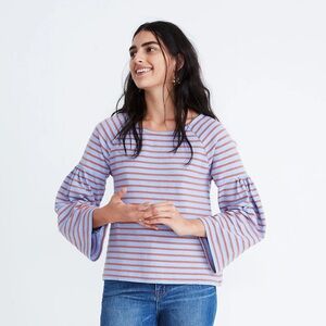 Madewell Shirred Sleeve Striped Sailor Top in Blue Sz M